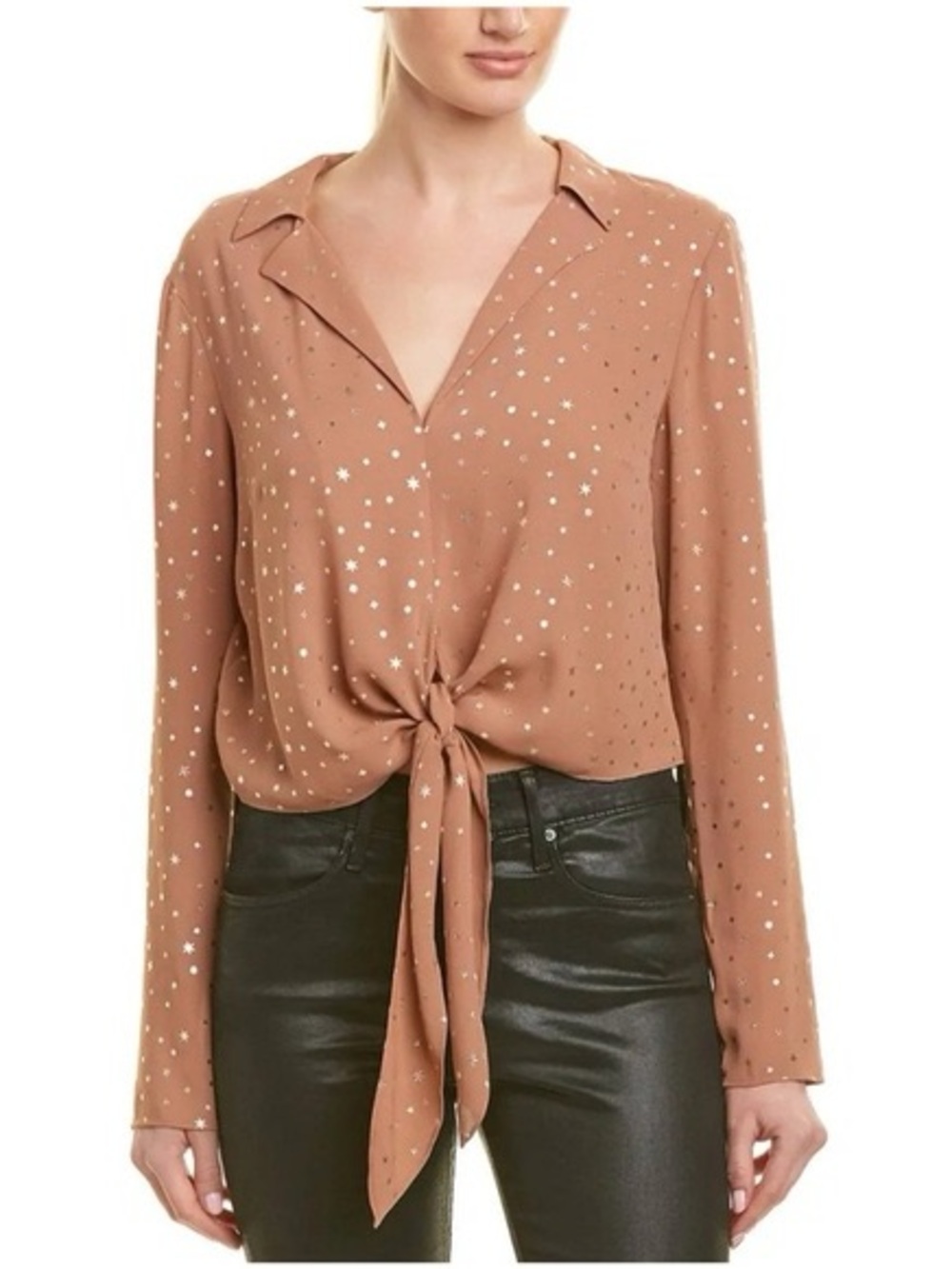 BCBGeneration Brown Star Print Tie-Front Button Down